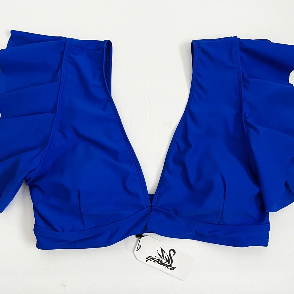 Sporlike Two Piece Swimsuit Ruffle Sleeve Blue Floral High Waist Bottoms…